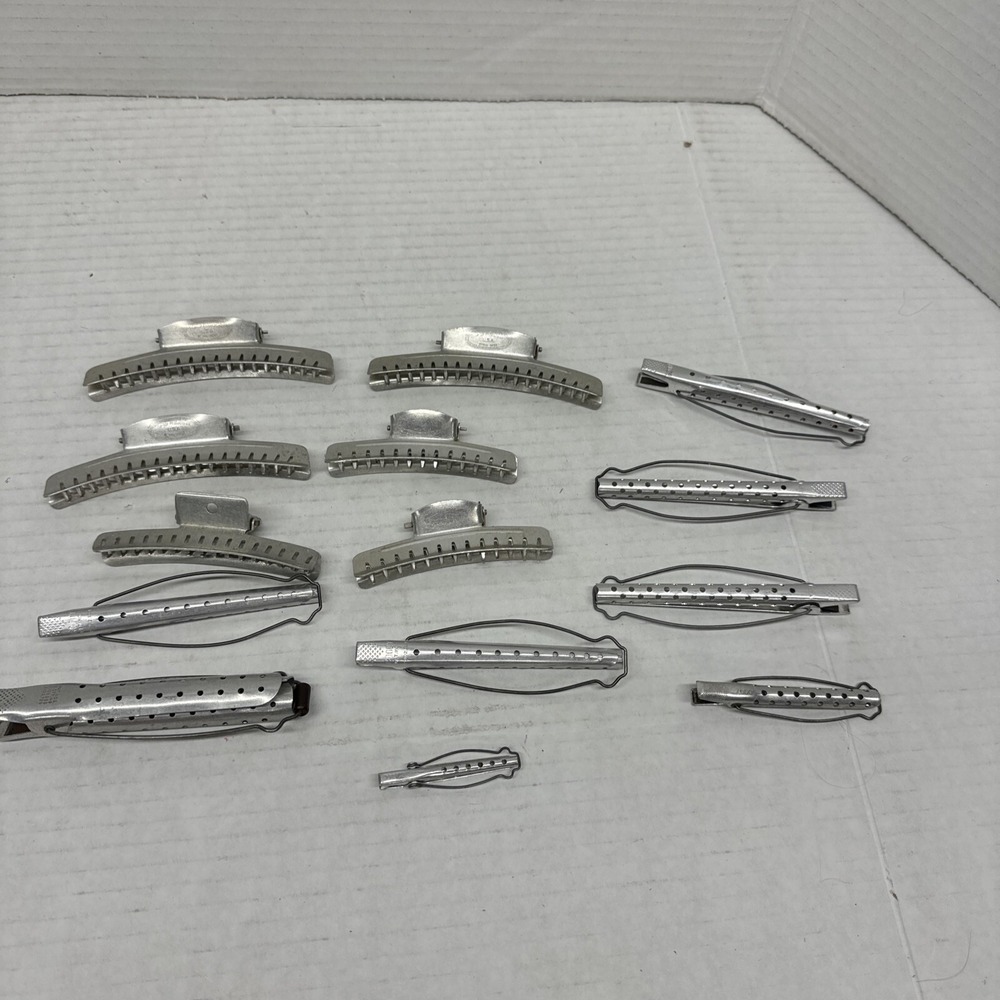 Vintage Lot 14 Tip Top Goody Hair Curlers Rods Silver Aluminum Metal Claw Clips